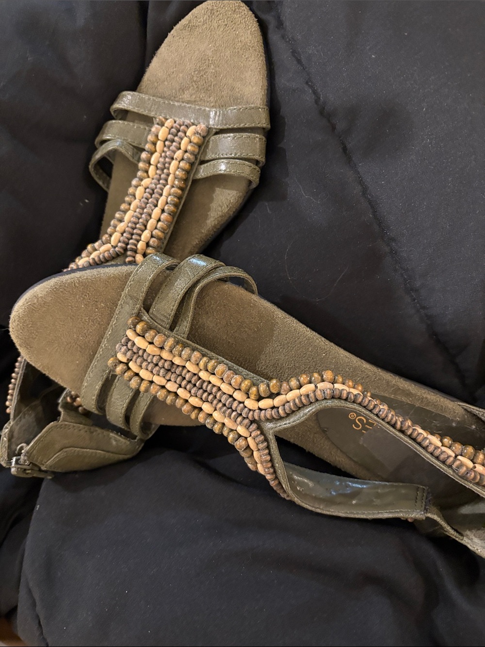 AEROSOLES Olive Green Beaded T-Strap Sandals